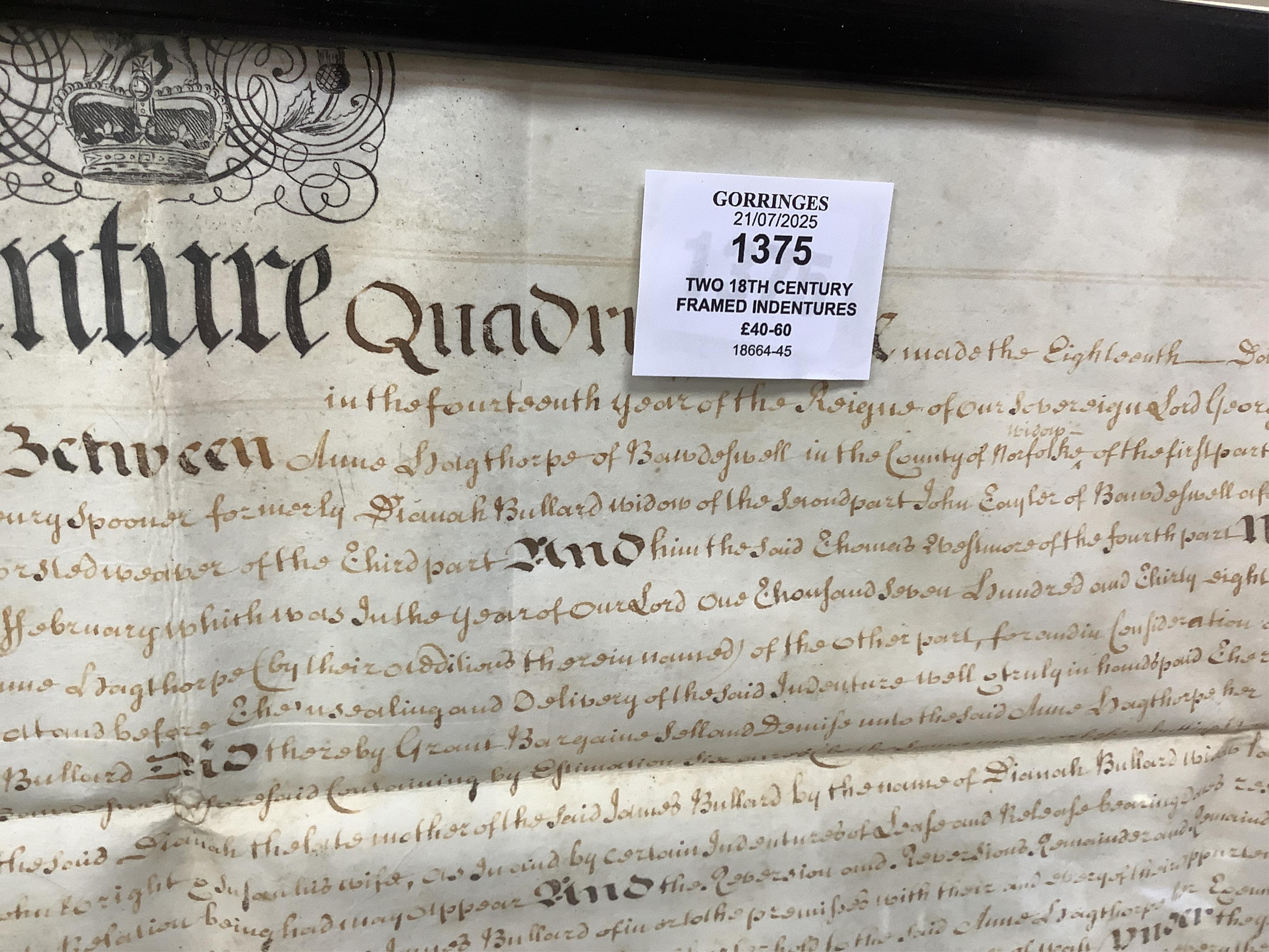 Two 18th century framed indentures